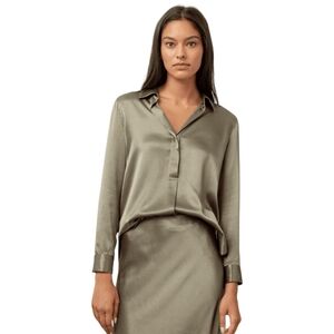 Rails Nissa Silky Olive Green Blouse Sz M | Fall Ready Satin Shirt Desk to Drink